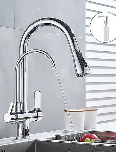  aanrecht mengkraan uittrekbare sproeier met zeepdispenser, 360 draaibare zwarte enkele handgreep messing kranen naar beneden trekken, op het dek gemonteerde warm koud water slang filterkraan