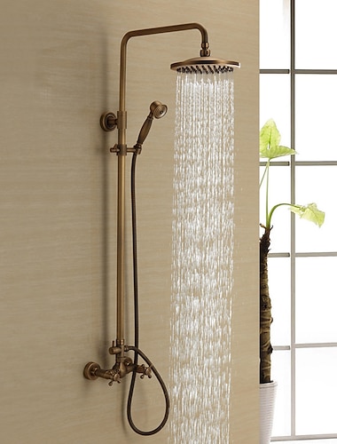  Grifo de ducha, accesorio de ducha de bano, cabezal de ducha de lluvia de laton con grifo de ducha con cano de banera y rociador de mano, montaje en pared, manija cruzada doble con agua fria/caliente