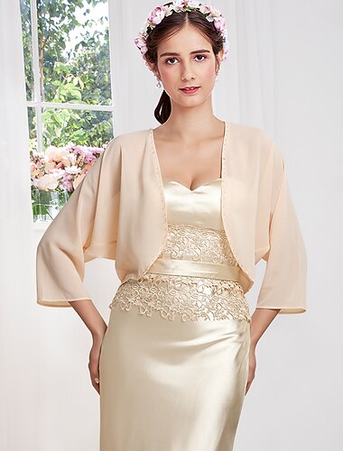  Estolas Femininas Bolero Casaco e Jaqueta Protecao Solar Manga 3/4 Mangas Dolma Chiffon Estolas de Casamento Com Micangas Para Festa Outono