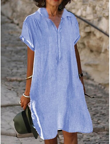  Women\'s T Shirt Dress Tee Dress Sports Dress Mini Dress Blue Beige Gray Short Sleeve Solid Color Button Summer Spring Shirt Collar Elegant Loose Fit 2023 S M L XL XXL 3XL 4XL 5XL