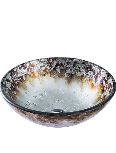  ronde badkamer wastafel set 16.5 "x 5.7", artistieke ijdelheid gootsteen kom gouden patroon gehard glas afwerking kunst wastafel boven gootsteen messing schip gootsteen