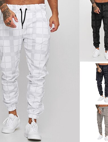  Men\'s Joggers Trousers Casual Pants Plaid Drawstring Trousers Drawstring Elastic Waist Print Plaid Geometry Outdoor Sports Full Length Formal Sports Outdoor Streetwear Casual White Black Micro-elastic