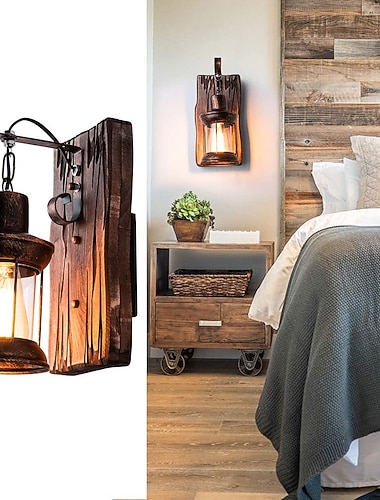  33 سم مصابيح جدارية على طراز عتيق إبداعية من الخشب / فانوس الخيزران تصميم شمعدانات جدارية حديد داخلي وخارجي لغرفة النوم والمدخل مصباح جداري 110-120 / 220-240 فولت