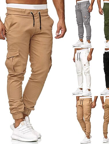  Men\'s Cargo Pants Joggers Trousers Casual Pants Drawstring Multi Pocket Solid Colored Full Length Daily Fashion Streetwear Black White Micro-elastic
