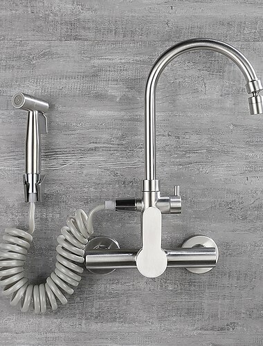 صنبور المطبخ مع بيديت بمقبض واحد بفتحتين من الفولاذ المقاوم للصدأ ، صنبور قياسي مثبت على الحائط ، صنابير مطبخ عصرية حديثة