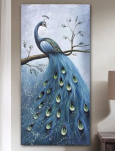 ruční 3d olejomalba ručně malované vertikální květinové / botanické současné moderní natažené plátno páv