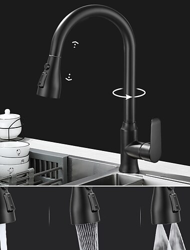 βρύση κουζίνας με πτυσσόμενο σπρέι, μονή λαβή, ορειχάλκινη μία τρύπα, ψηλό τόξο, βρύσες κουζίνας μινιμαλιστικού στυλ 3 λειτουργιών (όπλο γκρι/μαύρο/χρώμιο)