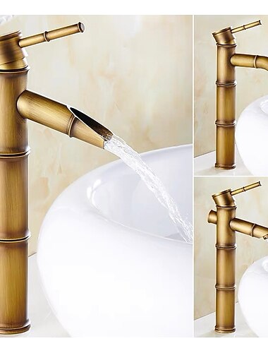  Vintage Bathroom Sink Mixer Faucet, Retro Style Monobloc Washroom Basin Vessel Taps Brass Single Handle Deck Mounted, Traditional with Hot and Cold Water Hose