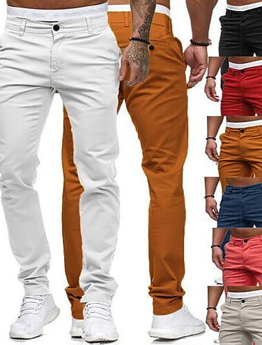  Men\'s Chinos Slacks Trousers with Side Pocket Button Front Straight Leg Solid Colored Breathable Soft Ankle-Length Home Daily Return to Office Cotton Stylish Classic Style Slim White Black / Zipper