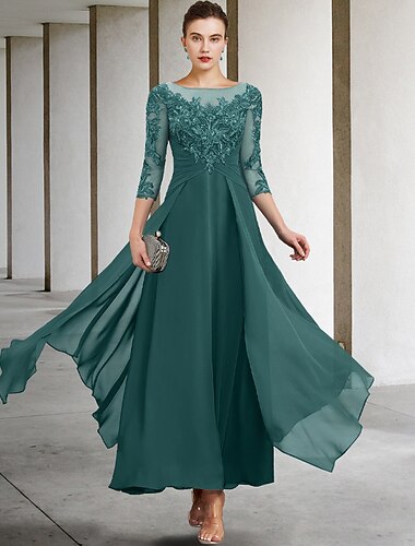 Krój A Do kostki Sukienka na imprezę Sukienka koktajlowa Sukienka dla gościa weselnego Sukienka dla matki panny młodej Rękaw 3/4 Zaokrąglony Elegancja Puszysta Gość weselny Wesele Szyfon Koronka z Z