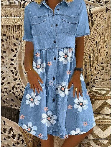  Women\'s Denim Shirt Dress Knee Length Dress Blue Short Sleeve Floral Pocket Button Spring Summer Shirt Collar Chic & Modern Casual 2022 M L XL XXL 3XL