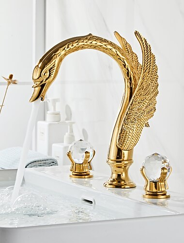 Baterie larg răspândită pentru chiuvetă în formă de lebădă, alamă vintage, robinet pentru chiuvetă cu 3 găuri și 2 mânere, montat pe punte, robinet de apă pentru chiuvetă pentru toaletă cu furtun cald și rece