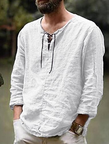 Men's Linen Shirt Renaissance Festival Viking Style Summer Shirt Beach Wear Maroon Black White Pink Long Sleeve Solid Color Collarless Outdoor Street Clothing Apparel