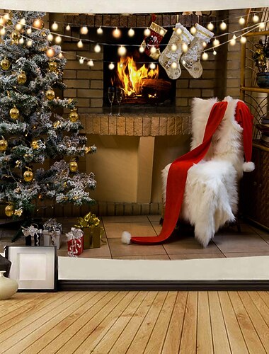 kerstversiering kerstman kerstboom vakantie feest kerstmis groot wandtapijt kunst decor foto achtergrond achtergrond deken hangend huis slaapkamer woonkamer open haard kous cadeau polyester