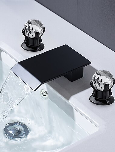 Bateria do umywalki łazienkowej z dwoma kryształowymi uchwytami z gałką wodospad matowy czarny/chrom zamontowany na pokładzie szeroko rozpowszechnione 3 otwory baterie łazienkowe do wanny lub umywalki