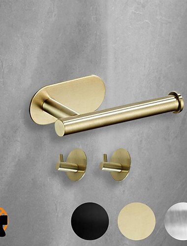  toalettpappershållare&amp; 2 väggkrokar set självhäftande väggfäste i rostfritt stål badrumstillbehör (svart/guld/silver)