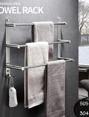  porte-serviettes avec crochets pour salle de bain, porte-serviettes mural a 3 niveaux en acier inoxydable nickel brosse porte-serviettes antirouille 40/50/60 cm (argente)