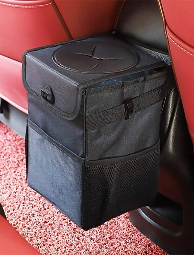 pattumiera per auto con coperchio - sacchetto della spazzatura per auto appeso con tasche portaoggetti pieghevole e bidone della spazzatura per auto portatile