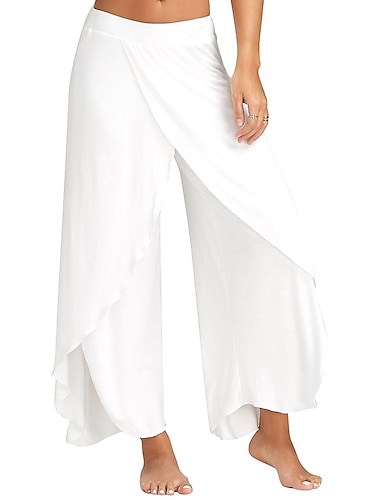  Women\'s Culottes Wide Leg Chinos Pants Trousers Black White Wine Mid Waist Basic Casual / Sporty Casual Daily Yoga Ruffle Layered Stretchy Solid Color S M L XL XXL