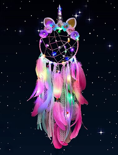 eenhoorn dromenvanger met kleurrijk led-licht voor meisjes jongens slaapkamer wand decor opknoping ornament festival cadeau (roze)