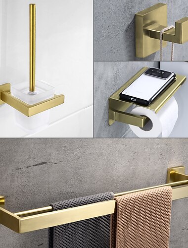  conjunto de acessorios de banheiro de aco inoxidavel de 4 pecas, barra de toalha montada na parede, suporte de papel higienico, suporte de escova de banheiro e gancho de roupao, conjunto de ferragens