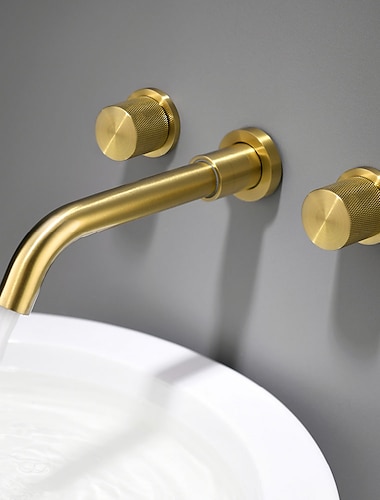  Bathroom Sink Faucet,Brass Wall Mounted Double Handles Nickel Brushed Luxury Design Brushed Gold Finish Widespread Washroom Faucet with Hot and Cold Switch