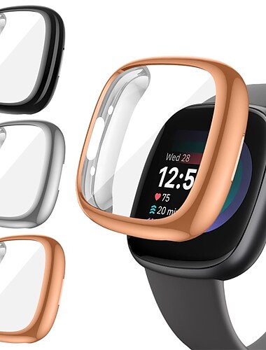 3 paquetes Caja de reloj con protector de pantalla Compatible con Fitbit Versa 4 Sense 2 Resistente a arañazos Escabroso Cubierta completa de parachoques Vidrio Templado / computadora dura Reloj