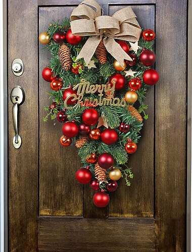Corona navideña para exteriores, para puerta de entrada, corona de invierno, decoración de pared para ventana, bola colgante de árbol al revés, diseño creativo de escena de ventana, decoración, lazo de ratán para puerta colgante