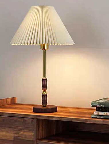 Vintage Table Lamp Wooden with Tapered Drum Fabric Shade Table Lamp Living Room, 5W Bedroom Study Desk Lamp 110-240V