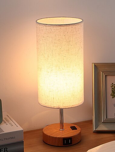 Desk Lamp USB Charging Ports, Gray Beige Bedside Lamp with AC Socket, Bedside Lamp with Zipper Switch, Minimalist Modern Desk Lamp with Fabric Shade, Suitable for Living Room Bedroom Office
