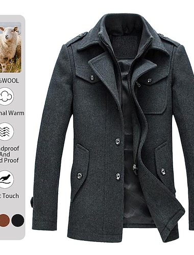  Men\'s Winter Coat Wool Coat Overcoat Short Coat Outdoor Work Fall & Winter Wool Windproof Warm Outerwear Clothing Apparel Bustiers Essential Solid Colored Rolled collar Single Breasted