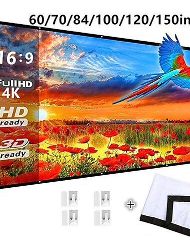 Écran de projection 4k film 16: 9 hd 60 72 84 100 120 150 pouces pliable et portable anti-plis intérieur extérieur projection vidéo pour la maison fête bureau salle de classe coupe du monde jeu