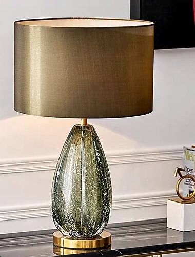 Lámparas de mesa modernas, decoración del hogar, dormitorio, lámpara de mesita de noche, soporte de vidrio verde oscuro teñido, pantalla de tela redonda, lámpara de escritorio, accesorios de
