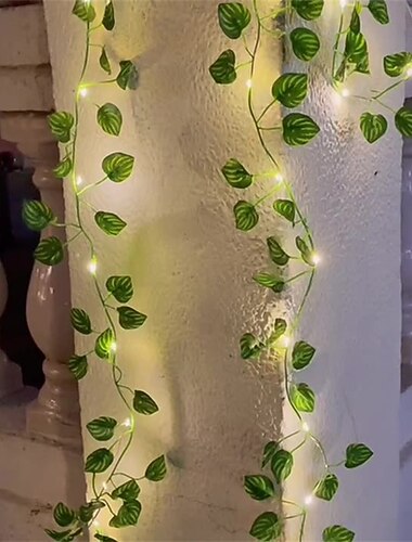  elegante bruiloft receptie feest kunstplanten led lichtsnoer 2m klimplant groen blad huis bruiloft buiten klimop wijnstok decoratie lamp diy hangende tuin patio tuin (zonder batterij)