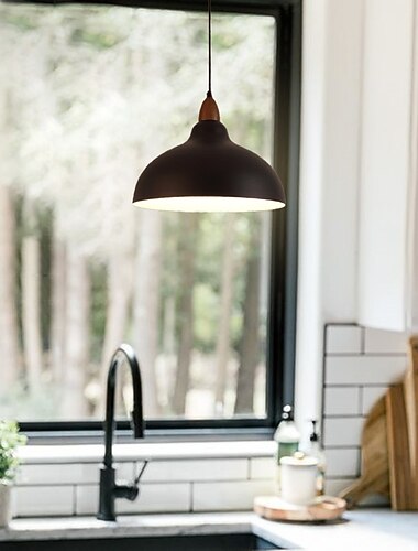 luz colgante led negro / blanco 13.7 "mini lámpara colgante de madera de caucho pantalla de metal negro mate lámparas colgantes modernas para casa de campo, comedor, sala de estar, bar, pasillo