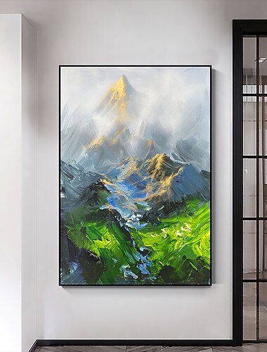 Pintura a óleo artesanal arte da parede da lona decoração abstrata pintura de montanha verde pintura de paisagem original para decoração de casa com moldura esticada/sem pintura de moldura interna