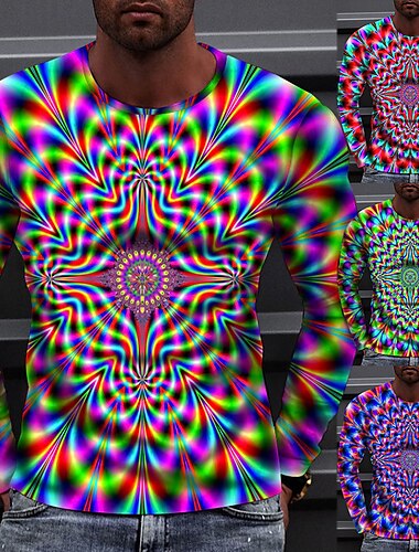  Men\'s T shirt Tee Optical Illusion Crew Neck Green Blue Rainbow Red 3D Print Outdoor Street Long Sleeve Print Clothing Apparel Sports Fashion Sportswear Casual / Fall