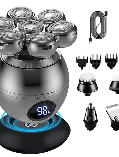 Ηλεκτρική ξυριστική μηχανή κεφαλής 6 σε 1 για φαλακρούς 7d αιωρούμενο κοπτικό κουρευτικό για γένια ip68 αδιάβροχο ξύρισμα usb ασύρματη φόρτιση χριστουγεννιάτικο δώρο