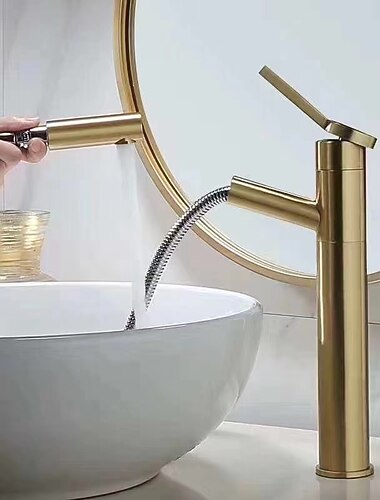  tvättställsblandare med utdragbar spray, enkelhandtag i borstat guld ett håls kranpip i mässing med varmt och kallt vatten