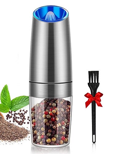 מטחנת פלפל חשמלית כוח הכבידה טחנת מלח ופלפל וסוללת גסות מתכווננת המופעלת עם נורית לד פעולה אוטומטית ביד אחת