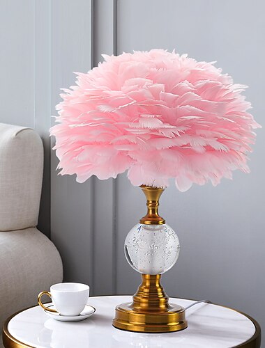 Candeeiro de mesa de penas cor-de-rosa, luz de cabeceira moderna candeeiro de penas de ferro para quarto escrivaninha luz nocturna decorações de abajur