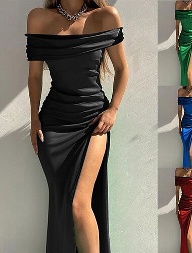  Women\'s Party Dress Satin Midi Dress Green Black Blue Wine Sleeveless Pure Color Split Ruched Spring Summer Off Shoulder Party Party 2022 S M L XL XXL 3XL