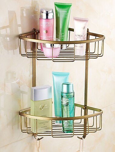Étagère de salle de bain debout, étagère de salle de bain, panier d'angle en laiton antique, support de douche pour shampoing, savon, sèche-cheveux, étagères triangulaires, panier mural de douche