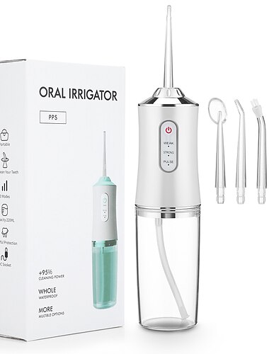 hydropulseur sans fil dentaire irrigateur oral hydropulseur portable pour les dents avec réservoir amovible de 220 ml rechargeable ipx7 étanche à l'eau nettoyant pour dents avec 3 modes 4 conseils pour les voyages en famille