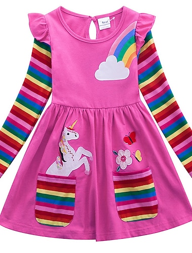 Vestido para niñas pequeñas unicornio vestido sin mangas de dibujos  animados estampado rosa ruborizado sin mangas hasta la rodilla vestidos  boho dulces Comentario