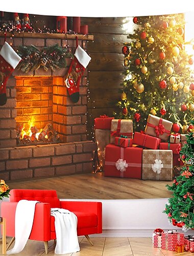 julepynt julenissen jul stor vegg billedvev kunst dekor teppe foto bakgrunn bakteppe gardin piknik duk hengende hjem soverom stue sovesal 3d peis tre gave polyester