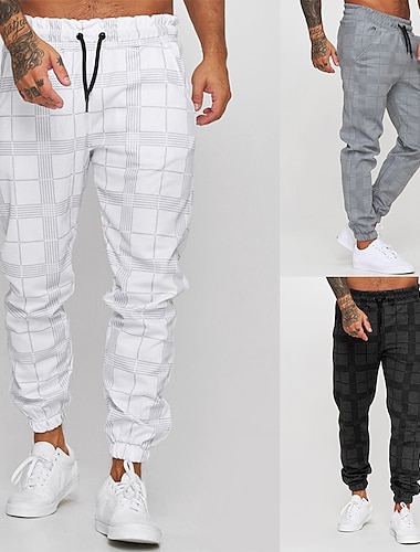  Men\'s Joggers Trousers Casual Pants Plaid Drawstring Trousers Elastic Waist Print Plaid Geometry Outdoor Sports Full Length Formal Sports Outdoor Streetwear Casual Black White Micro-elastic