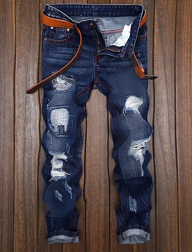  Męskie Jeansy Spodnie Ciemne dżinsy Wash Wytarte dżinsy Porwane jeansy Kieszeń Podarte Gradient Pełna długość Codzienny Bawełna Jeans Zabytkowe Moda miejska Szczupła Głęboki niebieski Średnio