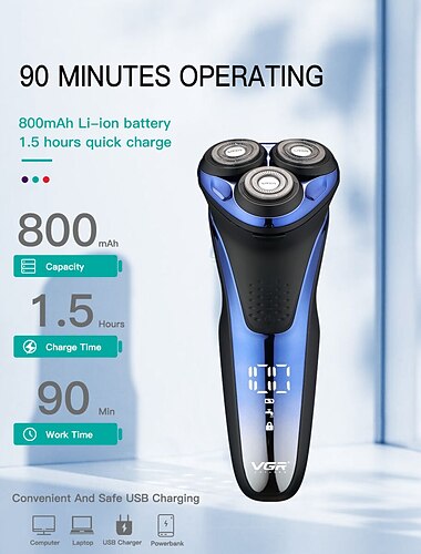 男性用vgr電気かみそりusb充電式3Dロータリーメンズシェーバーポップアップひげトリマーグルーミングキットipx7-防水コード付き&amp; コードレスウェットドライひげシェーバーLEDディスプレイ