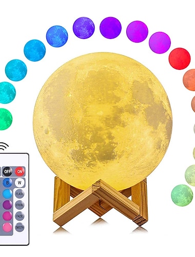 3D Månlampa 3/16 Färger LED Nattlampa Tryckt Månlampa med Träställning  Touch Kontroll och USB Uppladdningsbara Sovrums Dekorativa Lampor Födelsedag Alla hjärtans dag Gåvor för Älskade